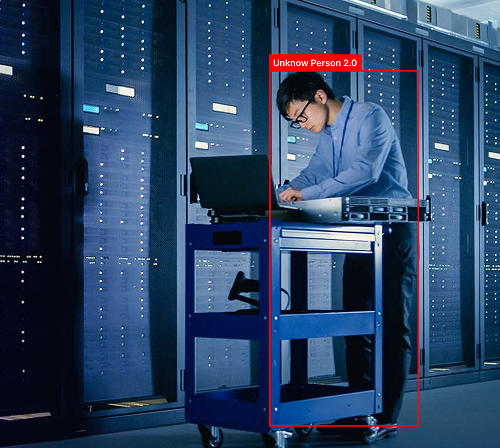 Data center corridor with AI detection around an intruder